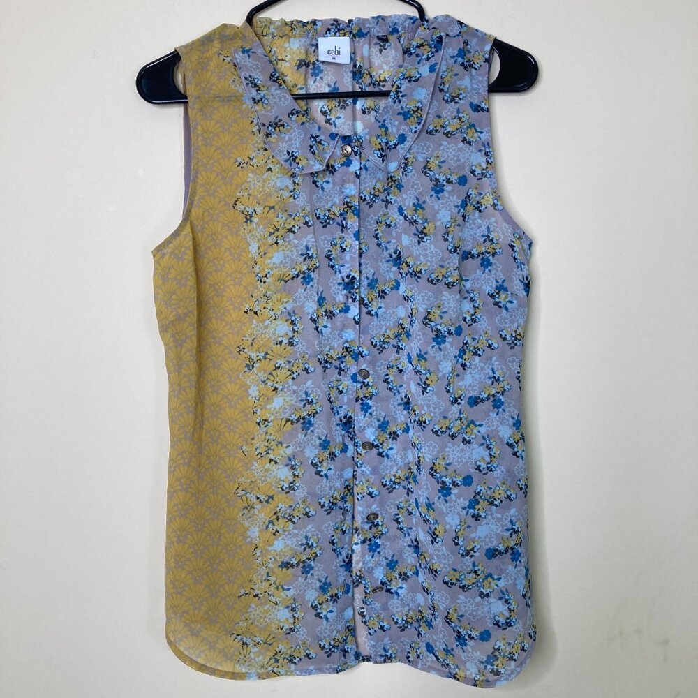 Cabi Blouse Womens Medium M Offsides 5221 Yellow Blue Floral Sleeveless Top